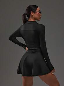 Dewbera Casual Versatile Pleated Slimming Shaping Buttoned Polo Collar Bodycon Dress Tennis Dress Long Sleeve Tennis Dress Athletic Romper Chic Autumn Dress Black Tennis Dress - Black - View 3