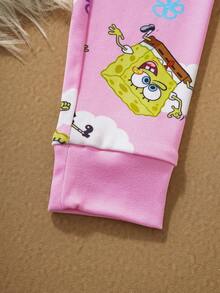 SpongeBob SquarePants | SHEIN Young Girl Cartoon Rainbow Flower & Cloud Print Knit Crew Neck Snug Fit Pink Pajama Set, Autumn/Winter - Pink - View 3