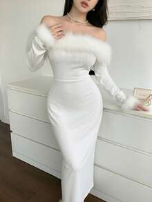 Feyla 女士纯色露肩蓬松拼接优雅长袖连衣裙长款晚礼服 - 白色 - 查看 5