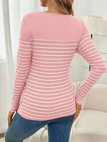 SHEIN U-Neck Raglan Sleeve Casual Comfortable Breathable Striped Nursing Top Pregnant Clothes Maternity Tops Pregnancy Shirts Breastfeeding Shirt - Pink - View 2