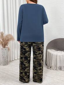 SHEIN LUNE 2pcs Plus Size Casual Solid Color Long Sleeve Top And Camo Print Pants Set, Spring Autumn Casual Everyday Wear,Essentials,Camouflage Print Two Pieces Suit Holiday Outfit  Camouflage Plus Size Camouflage Outfit For Women Comfy Sets Women Lounge Wear Camouflage Pants Loungewear Women Camouflage Plus Size Pants - Multicolor - View 2