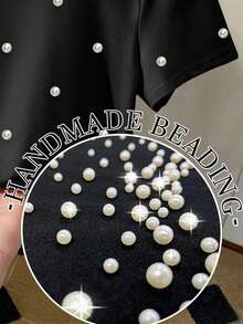 Resyla Áo thun nữ cổ tròn mềm mại, tay ngắn thanh lịch, đính hạt thủ công, phù hợp với mọi mùa và mặc hàng ngày - màu đen - Xem 4