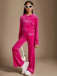 Radiana 2pcs/Set Tween Girls Loose Casual Simple Soft Hoodie Top With Letter Embroidery And Pants Outfit - Hot Pink - View 4