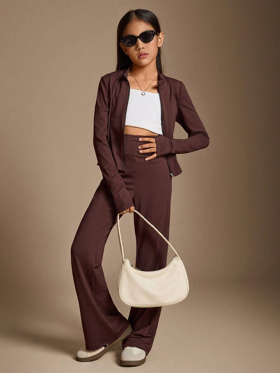 Radiana Tween Girls Casual Solid Coffee Brown Color Long Sleeve Top Tee Jacket And Flared Pants 2 Pieces Set, Suitable For Autumn/Winter, Daily Wear, Tween Brown Pants Sets Two Piece Pants Set Teen Girl Brown Set Flare Pants Sets Teenagers Teen Pants Suit Girl Fall - Coffee Brown - View 1