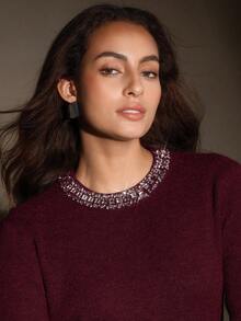 Anewsta Elegant Wool Blend Solid Color Fuzzy Knit Sweater With Crystal Diamond Collar, Autumn/Winter - Burgundy - View 8