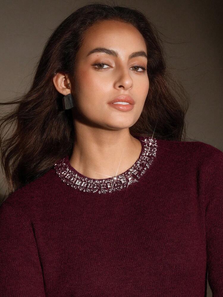 Anewsta Elegant Wool Blend Solid Color Fuzzy Knit Sweater With Crystal Diamond Collar, Autumn/Winter