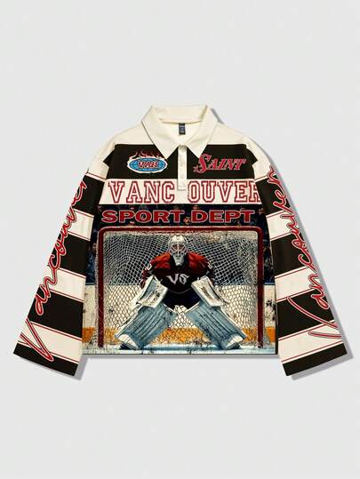 Street Life Men's Printed Long Sleeve Striped Polo Collar T-Shirt, Casual College Style Top