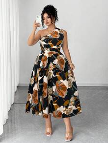 Vestido elegante de mujer de talla con estampado floral azul y blanco, elegante y chic para fiestas, graduaciones, vacaciones, festivales, citas, bodas y salidas - Negro - Ver 5