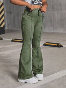 SHEIN Tween Girl Y2K Fashion Retro Style Flap Detail Seam Detail Denim Flare Leg Jeans , Fall Clothes Back To School - Army Green - View 7