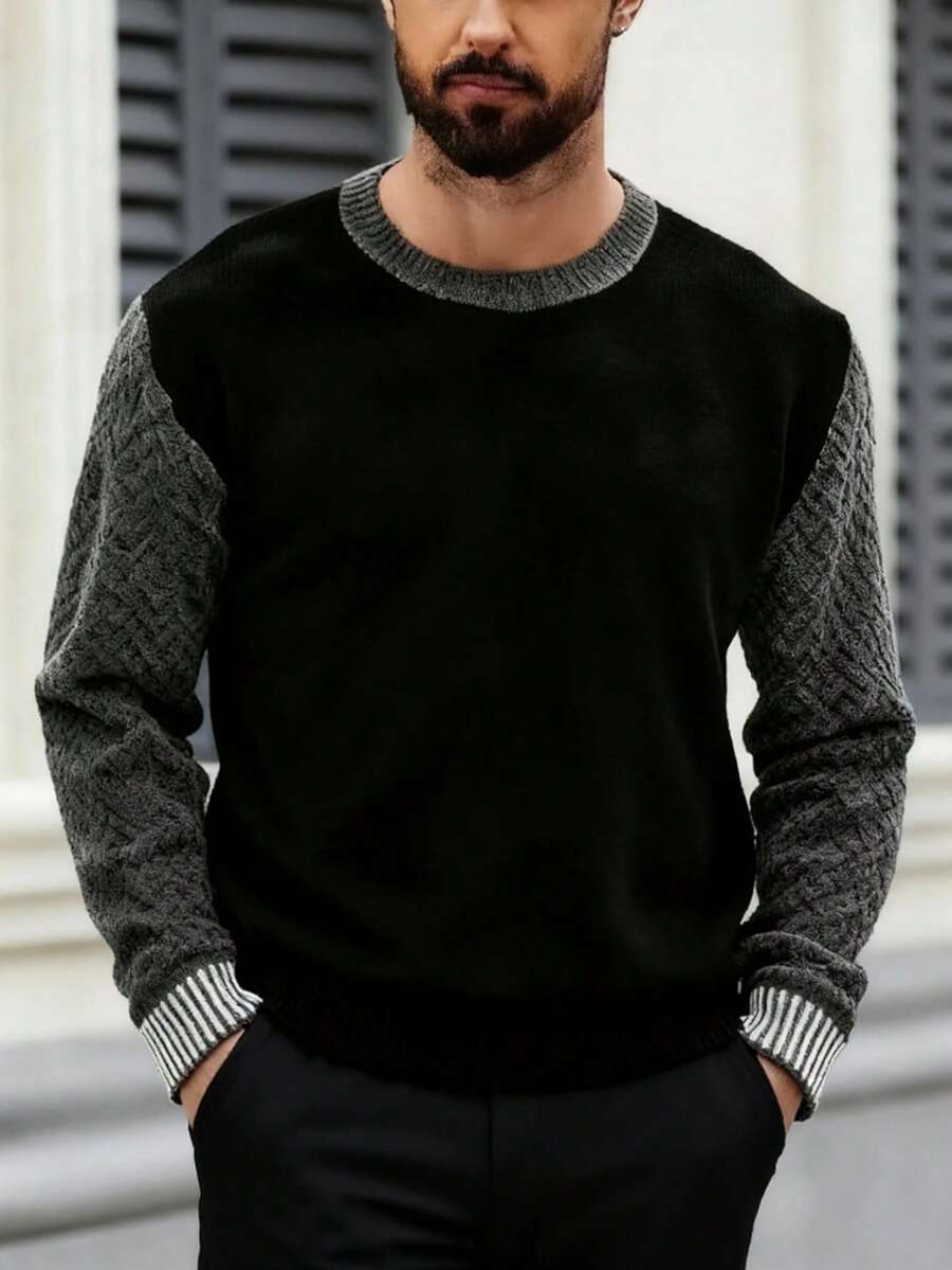 Manfinity Homme 男士长袖撞色圆领针织衫,秋冬套头衫,适合休闲、通勤、校园穿着,是送给男友的绝佳礼物,休闲毛衣上衣 - 黑色 - 查看 1