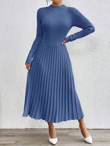 RosyDaze Women's Elegant Solid Color Ribbed Knit Long Sleeve Dress, Autumn/Winter - Dusty Blue - View 3