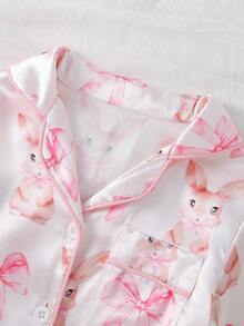 女婴粉色蝴蝶结兔子印花仿丝滚边撞色长袖开衫和裤子休闲家居服套装