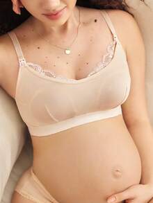 Moonlight&Mama 1pc Solid Color Nursing Bra, Lace Trim Maternity Bra, Unpadded Front Closure Excellent Nursing Bra - Apricot - View 1