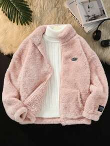 SHEIN 少女款纯色双面抓绒拼接领休闲外套