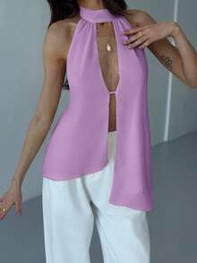 Aloruh Top sin mangas de unicolor, casual y sexy con espalda descubierta para mujer - Morado Violeta - Ver 3