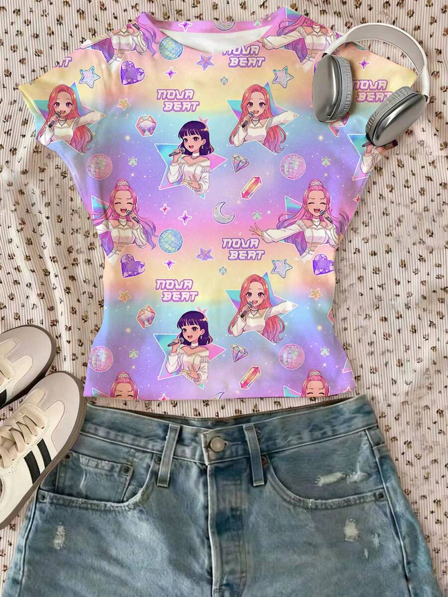 少女卡通肖像渐变印花圆领短袖T恤 - 粉色 - 查看 1