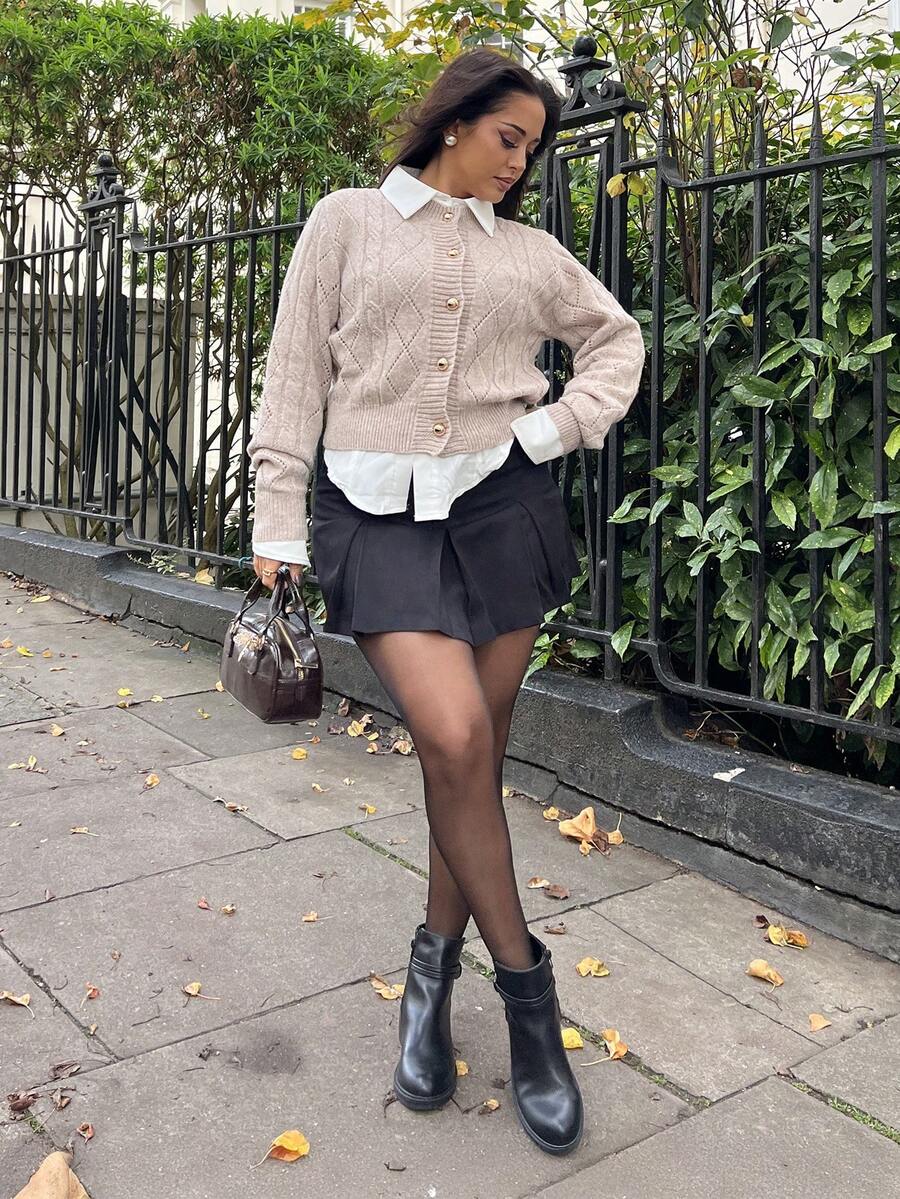 NegzBox 女士纯色长袖单排扣镂空休闲开衫 - 卡其色 - 查看 1