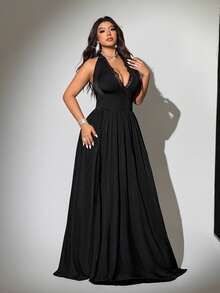 Viva Relle Plus Size V-Neck Sexy Formal Dress, Suitable For Banquet, Date, Valentine's Day Party - Black - View 3