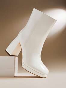 SHUZIA 女士舒适方头漆皮PU拉链厚底踝靴 - 白色 - 查看 6