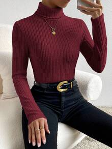 SHEIN Frenchy Camiseta de cuello alto de manga larga con tela texturizada - Burdeos - Ver 6