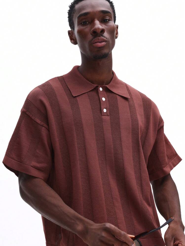Knit Polo With Textured Vertical Stripes