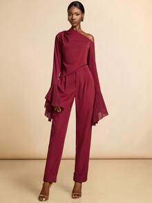 Vesra Women's Oblique Shoulder Top With Ruched Shoulder, Metal Decor & Ruffle Hem Asymmetrical Sleeve; Straight Leg Pants Set - Red - View 3