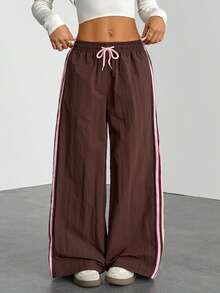 SHEIN PETITE Women's Brown Side Stripe Elastic Waist Casual Loose Sweatpants Womens Brown Pants Loose Pants For Women Pants Women Brown Pants Women Track Pants Women Wide Leg Pants Brown Brown Bottoms Women - Brown - View 3