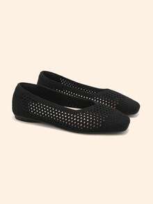 Ressula Sepatu Flat Wanita Kasual Serbaguna untuk Berpergian, Warna Polos, dan Berongga - Hitam - View 2