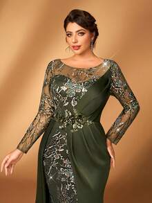 Serin Váy cưới cho mẹ cô dâu dáng dài cổ chữ V màu xanh lá cây sang trọng, thanh lịch, tay dài, chất liệu satin, chắp vá, xếp nếp, trang trí bên hông, dáng xòe bồng bềnh - màu xanh lá - Xem 2