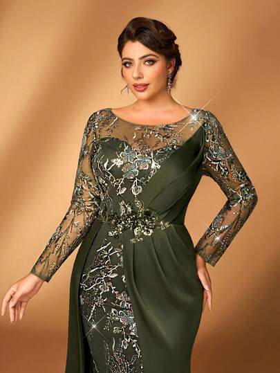 Serin 大码优雅浪漫绿色V领薄纱长袖奢华亮片拼接缎面侧边褶皱装饰飘逸正式新娘母亲礼服