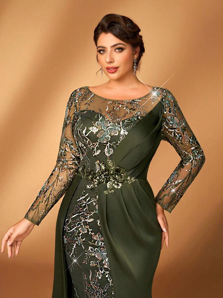 Serin Váy cưới cho mẹ cô dâu dáng dài cổ chữ V màu xanh lá cây sang trọng, thanh lịch, tay dài, chất liệu satin, chắp vá, xếp nếp, trang trí bên hông, dáng xòe bồng bềnh