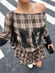 Muchica Brown Dress Loose Fashion Tie Waist Long Sleeve Plaid One Shoulder Mini Dress For Women