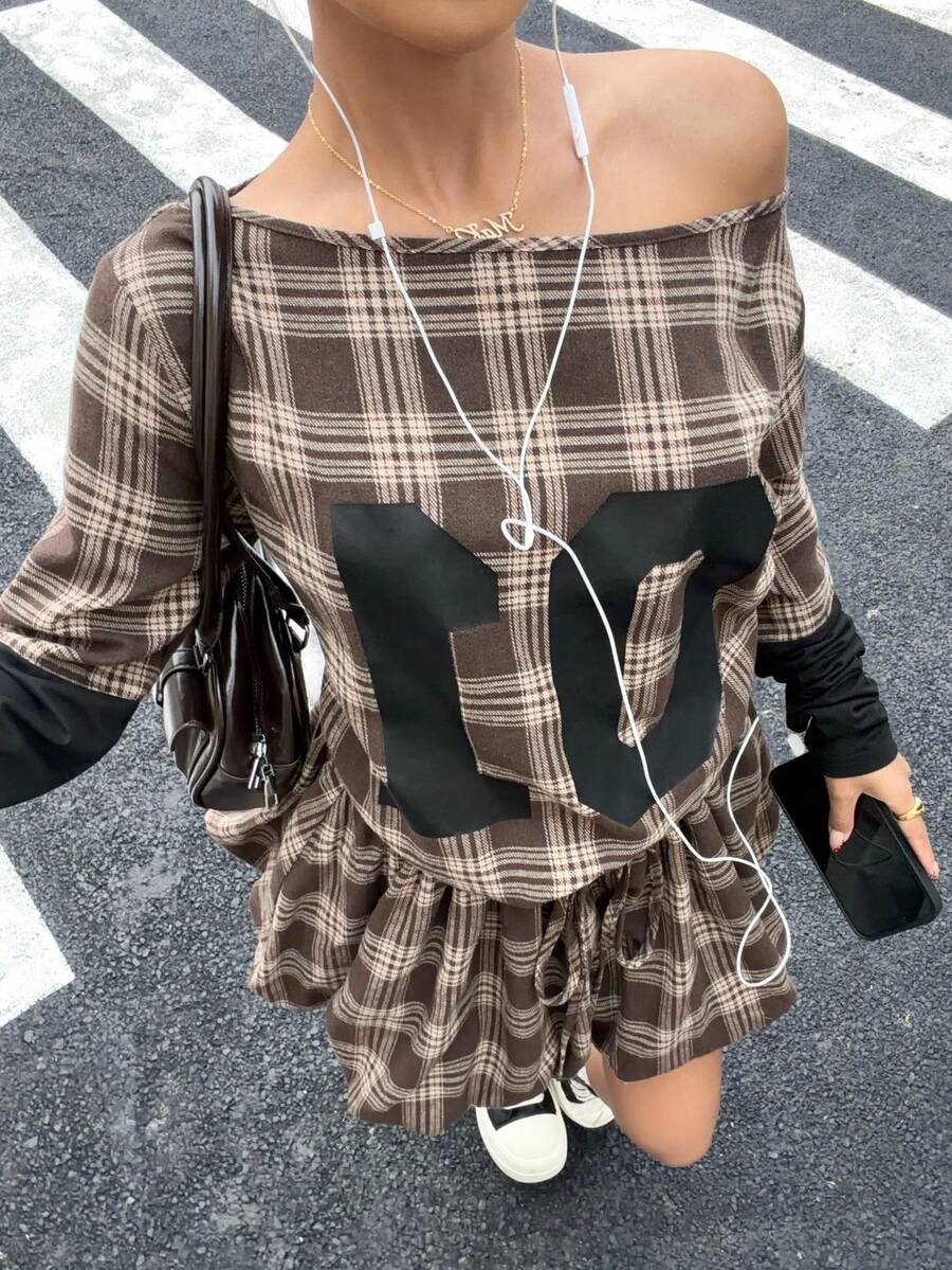 Muchica Brown Dress Loose Fashion Tie Waist Long Sleeve Plaid One Shoulder Mini Dress For Women