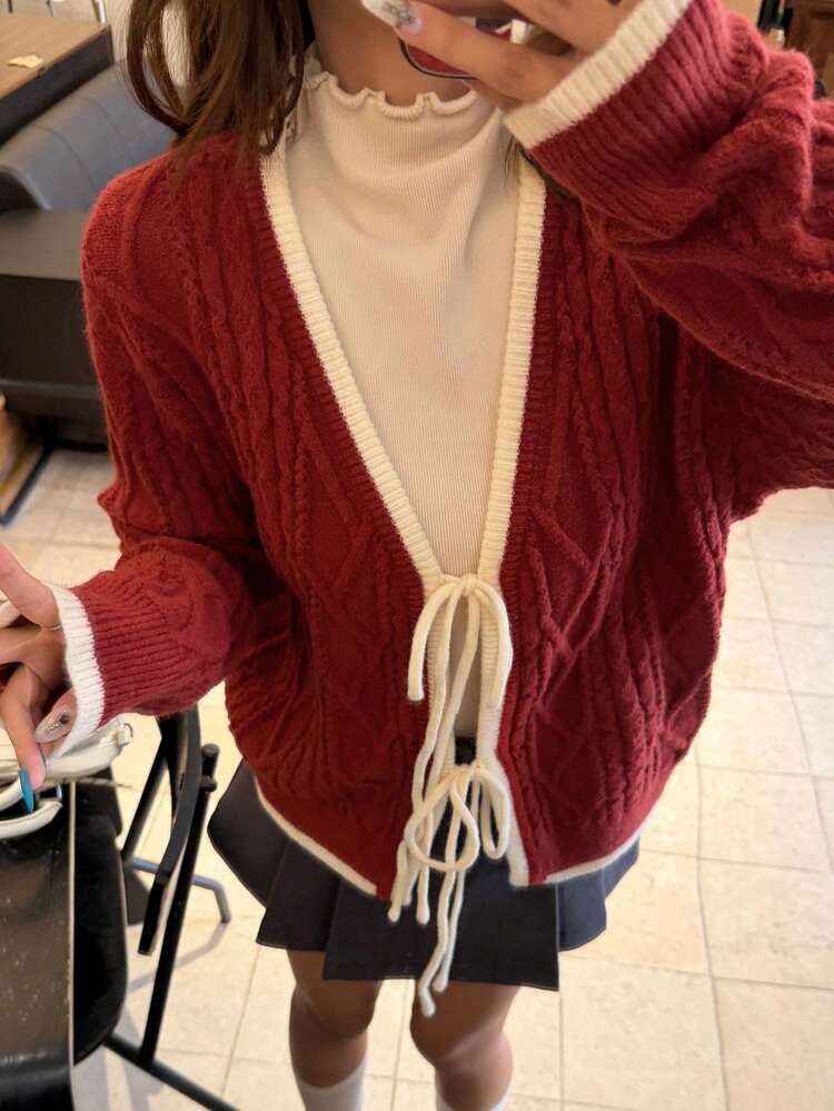 Women's Colorblock Tie Front Loose Casual Cable Knit Cardigan Sweater, Suitable For Christmas, Autumn/Winter