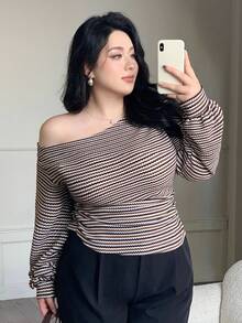 Dazy Plus Fashionable Casual Striped Off-Shoulder Lantern Sleeve Fitted Cropped Elegant Long Sleeve T-Shirt - Khaki - View 6