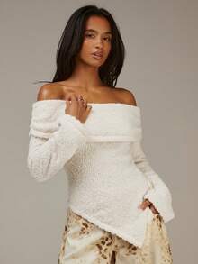 Athîral Blusa de punto de un hombro de manga larga para mujer, Blanco Nochevieja, Suéter Beige, Blusa casual para mujer, Blusa elegante para mujer, Blanco Nochevieja, Ropa de Navidad para mujer, Blusa blanca, Ropa de fiesta para mujer, Blusas básicas, Blusa de hombros descubiertos - Blanco - Ver 3