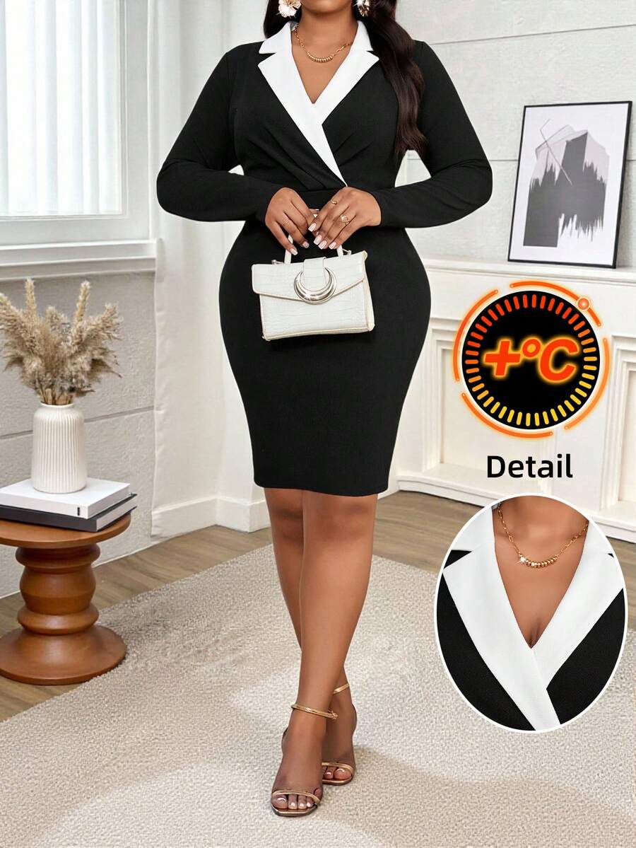 SHEIN Lady Elegantes Kleid für Damen in Große Größen mit Farbblockdesign, Kragen und langen Ärmeln - Schwarz und Weiss - Übersicht 1