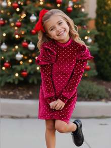 SHEIN Young Girl Christmas Velvet Sequin Glitter Effect Tight Knit Long Sleeve Dress,Burgundy,Autumn,Christening,Ruched Elegant Dress For Ball Party - Burgundy - View 3