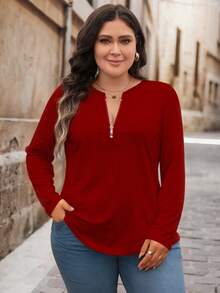 EMERY ROSE 音乐节、大码女装、圣诞节和万圣节女装、拉链领T恤、复古酒红色纯色女式T恤、适合圣诞节和新年穿着的大码秋季服装 - 紅色 - 查看 4