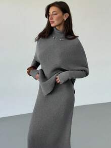 Aloruh Bộ 2 món áo len dệt kim màu tím dày mùa đông mới cho nữ, áo len dáng rộng, váy liền thân - Xám - Xem 5