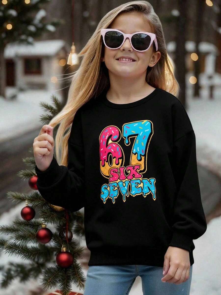 SHEIN Tween Girl Fashionable Chic Sweet English Number Print Thermal Lined Crew Neck Long Sleeve Solid Color Casual Minimalist Pullover Sweatshirt, Autumn/Winter - Multicolor - View 1