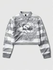 ROMWE MEN Street Life 春季休闲男士半拉链长袖天使条纹时尚印花套头卫衣，Y2K - 彩色 - 查看 3