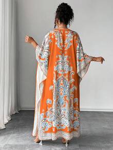 Elenzga 加大码蝙蝠袖圆领印花宽松连衣裙，适合度假和聚会 - 橘色 - 查看 2