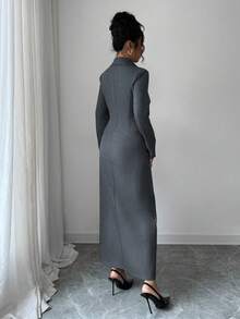 Elenzga Váy blazer cổ chữ V thiết kế bất đối xứng, thắt eo, viền xòe, hở phía trước, màu cà phê, phong cách thanh lịch kiểu Pháp, váy dài tay đa năng có ghim cài kim loại, thích hợp để đi làm - Xám - Xem 2