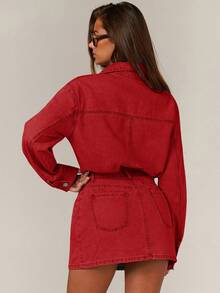 Athîral 女士落肩长袖单排扣口袋休闲牛仔连衣裙 - 紅色 - 查看 2