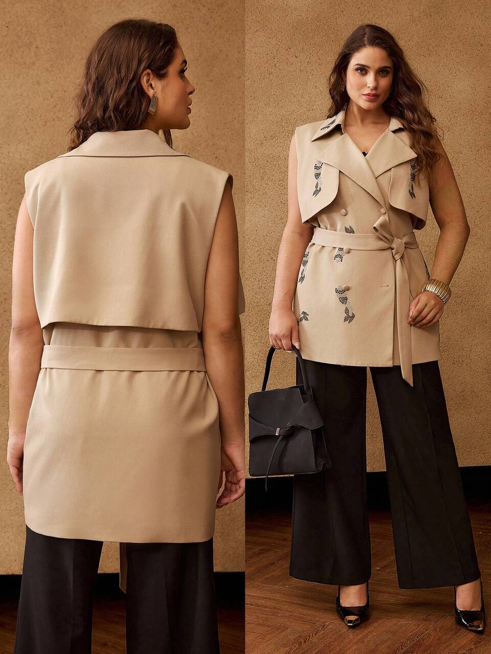 PLUS SIZE WOMEN SOLID COLOR RHINESTONE DECOR SLEEVELESS DOUBLE-BREASTED ELEGANT OFFICE BELTED COAT