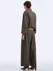 SHEIN Stylify 两件套女士人字纹厚面料超大翻领双排扣腰部弹力罗纹宽松阔腿长裤套装，法式复古办公室通勤商务休闲街头风简约复古套装，适合万圣节、圣诞节、感恩节、下午茶聚会、秋冬季等场合。 - 卡其色 - 查看 7