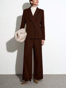 Aalyst 女士优雅法式V领西装外套搭配宽松阔腿裤，适合通勤、度假、下午茶、浪漫场合。 - 咖啡棕 - 查看 6