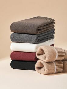 LUVLETTE زوج واحد/6 أزواج من الجوارب المبطنة بالحرارة للنساء، جوارب متوسطة الطول بتصميم محبوك ملون بسيط ومتعدد الاستخدامات للخروجات اليومية في الشتاء - متعدد الألوان - مشاهدة 3