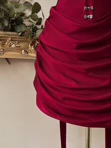 Lovelzi 优雅法式时尚安哥拉针织甜心领金属扣腰荷叶边拉链半身裙，适合多种场合——女士派对礼服、网红连衣裙 - 酒紅色 - 查看 7